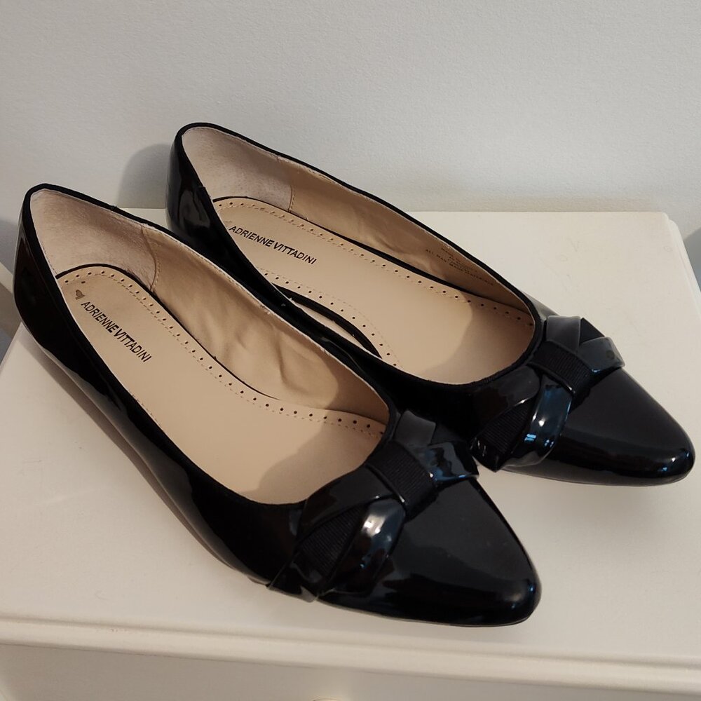 Adrienne Vittadini Black Patent Pointed Toe Flats with Bow